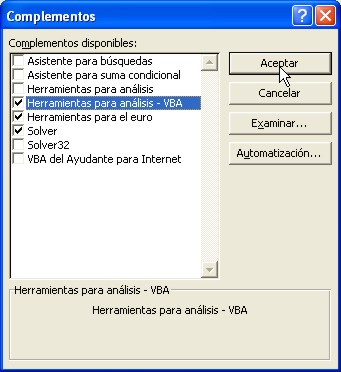 Seleccionar complemento Herramientas para análisis VBA