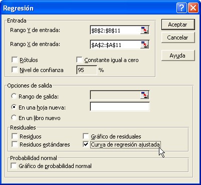 Entrada y opciones de salida para la regresión